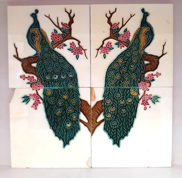 Rare Vintage 2 Set Peacock Design Old Art Deco Majolica Ceramic Tiles Japan.