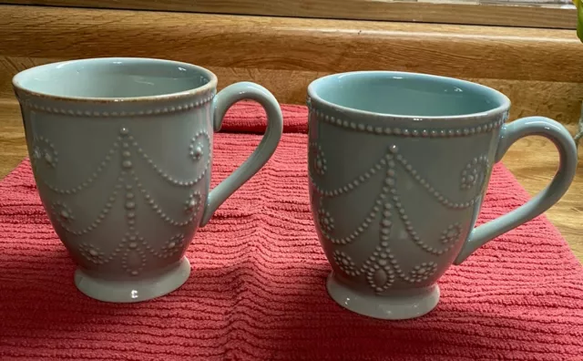 2-Lenox French Perle Blue Coffee Tea Mug Cup Design 4 3/8” Tall