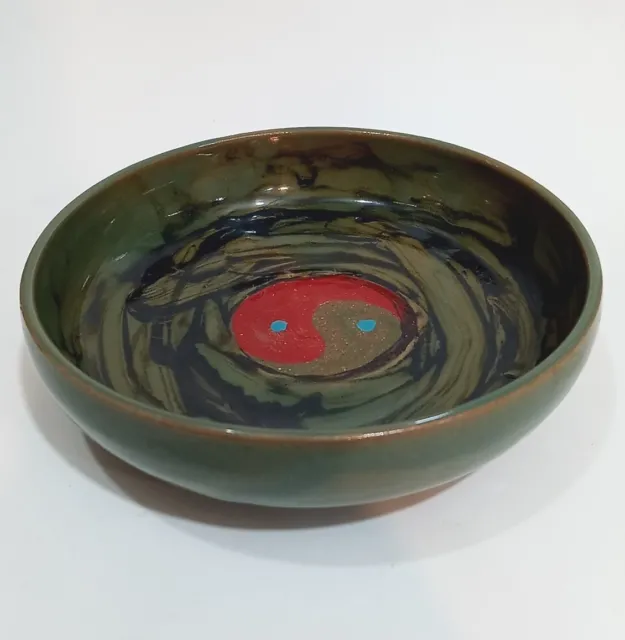 Nice Vintage Unknown Asian Stoneware Yin & Yang Bowl Black & Celadon Color Swirl