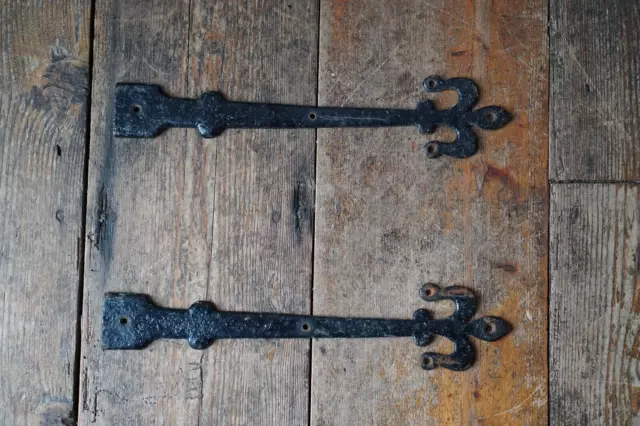 Pair Vintage Fleur De Lis Lys Cast Iron False Hinge Front Door Strap Tudor Style