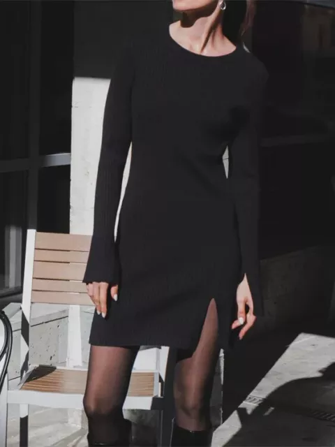 Commense Womens Slit Ribbed Knit Sweater Dress Long Sleeve Black Size Large NWT