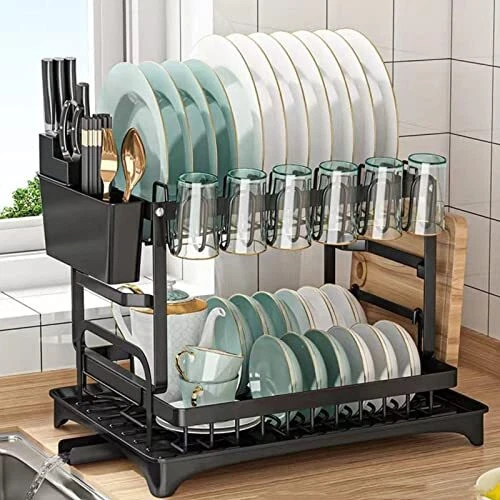 5 in 1 Dish Drying Rack - Two-Tier Metal Organizer with Cups Holder