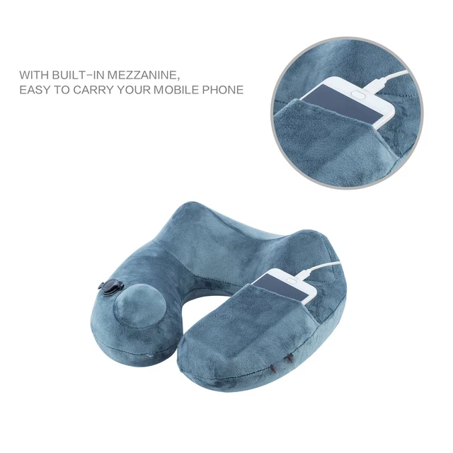 U-Shaped Travel Pillow Inflatable Neck Pillow Head Cushion with Carry Bag, Gray 5