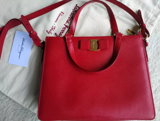 Bag Salvatore Ferragamo Tracy w/Vara bow purse red leather tote 2-way cross body