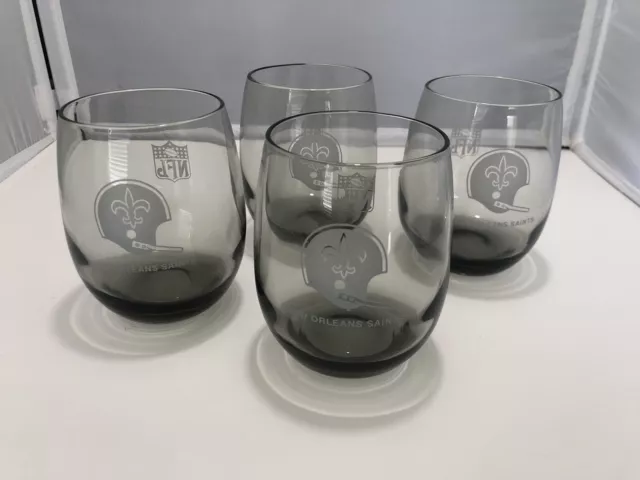 Vintage NFL New Orleans Saints Smoked Glass Rocks Whiskey Glasses Cups Set Of 4