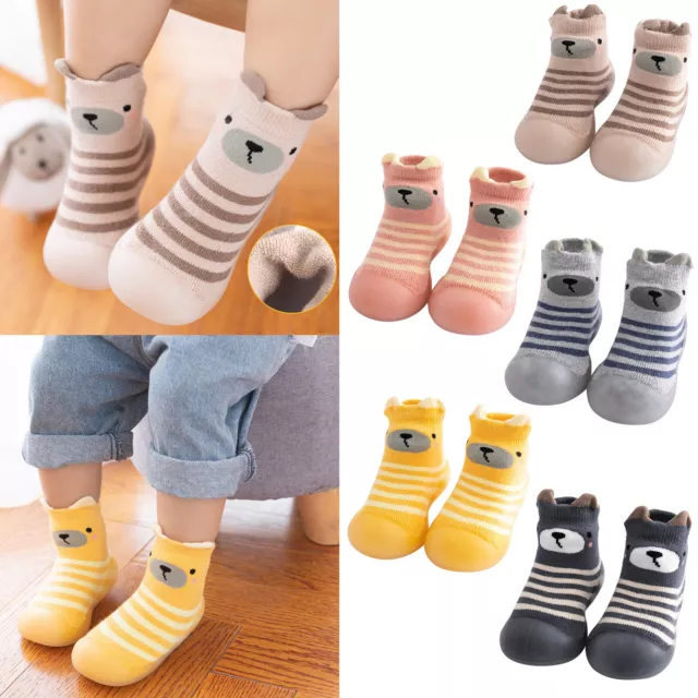 Kids Toddler Baby Boys Girls Cartoon Striped Warm Knit Soft Sole Rubber Shoes
