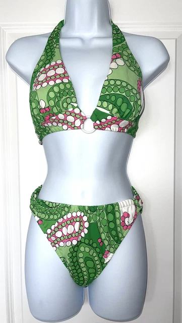Vintage 70’s Halter 2 Pc Green/pink Kmart Bikini Swim Suit Sz 38