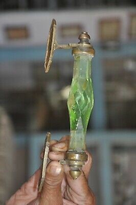 2 Pc Vintage Glass & Brass Green Handcrafted Victorian Cut Glass Door Handle 3
