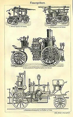 FEUERSPRITZEN Feuerwehr Feuerlöschgeräte Berlin 2 Tafeln von 1902 & Text M6