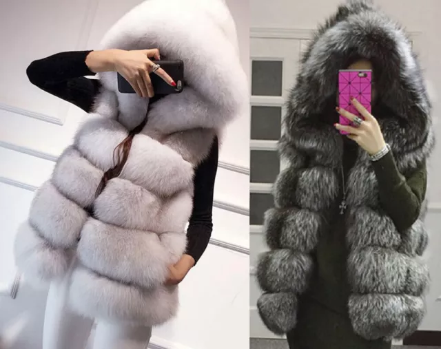 Womens Luxury Faux Fur Gilet Coat Hooded Waistcoat Jacket Vest Ladies Warm Outwe