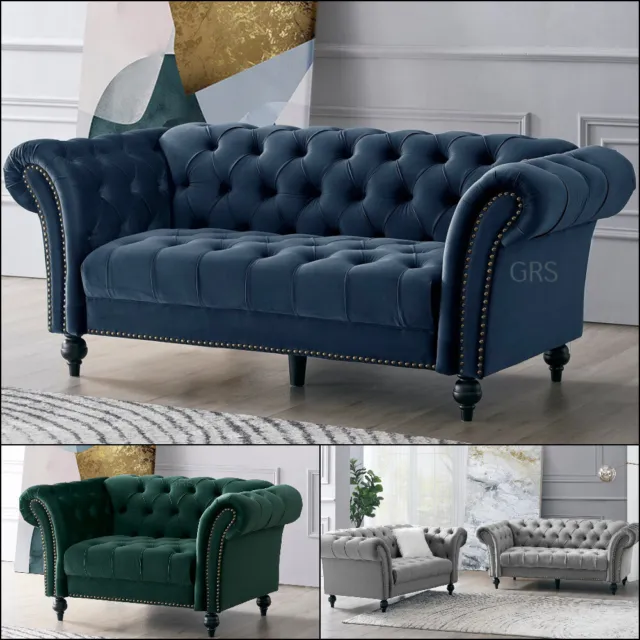Curved Chesterfield Sofa Velvet Fabric Couch Suite Set Luxury Settee Studded New