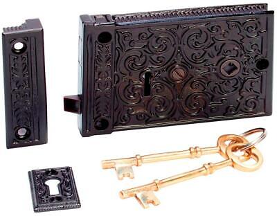 victorian style,ornate cast iron rim lock and keeper.with keys,TH 2010 2
