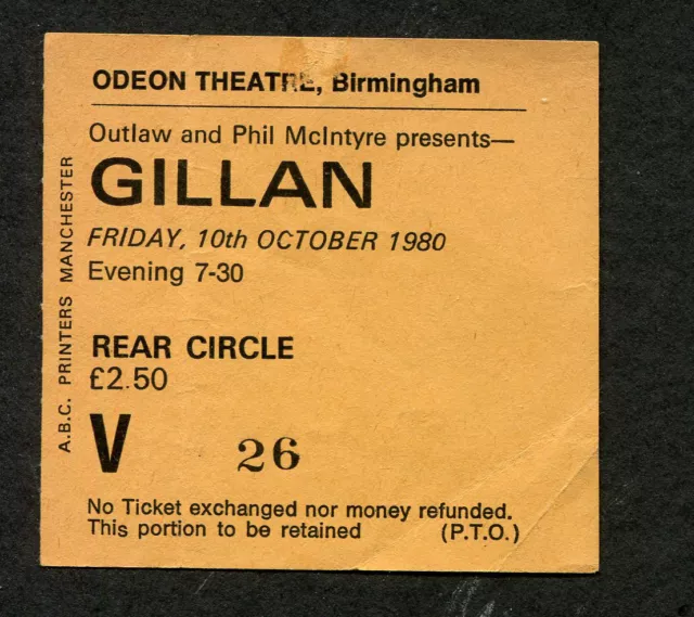 Original 1979 Ian Gillan from Deep Purple Concert Ticket Stub Birmingham UK