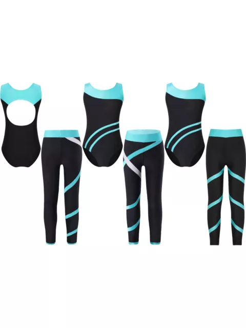 Kids Girls Ballet Dancewear Exercise Leotard With Pants Athletic Gymnastics Gym
