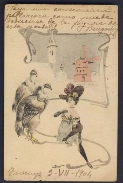 DOUHIN ARTIST - risque woman, vultures birds windmill 1904 - ART ...