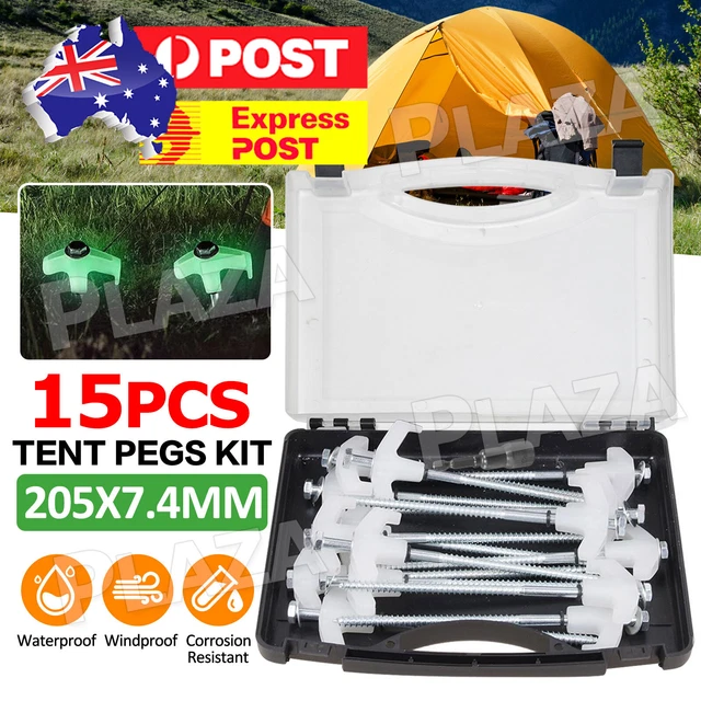 15x Heavy Duty Steel Screw / Drill Camping Tent Pegs with Glow in The Dark Head