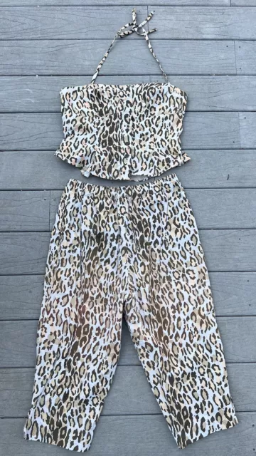 Vintage 1980s Two Piece Cheetah Print Set Pants And Crop Top Size M Y2K Hot Girl