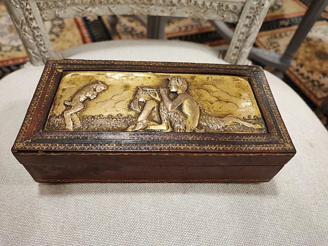 Boîte De Coffre En Bois Et Cuir, Boîte En Bois Gravée En Croissant Avec Doublure En Velours