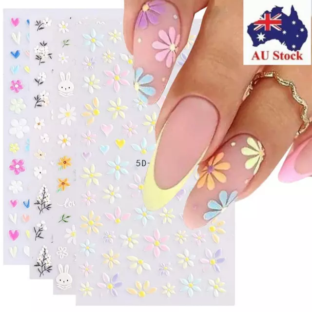 Colorful Floral Daisy Self Adhesive Flower Embossed Nail Art Stickers 5D