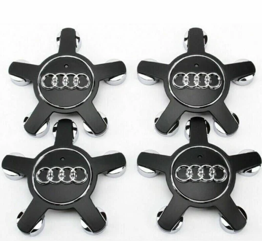 4 x Audi Alloy 5 Star Spider Wheel Centre Caps Black Hub Badge 135mm A3 A4 A5 A6