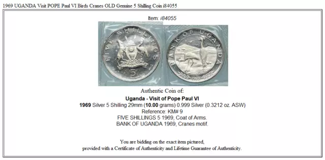 1969 UGANDA Visit POPE Paul VI Birds Cranes OLD Genuine 5 Shilling Coin i84055 3