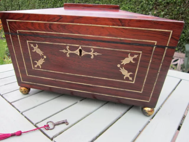 Quality Regency Rosewood & Brass Inlaid Tea Caddy, Lion Mask Handles, Lock & Key 3