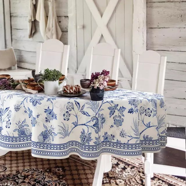 Blue Floral Oval Tablecloth 60X84 Inch, Blue and White French Country Tablecloth