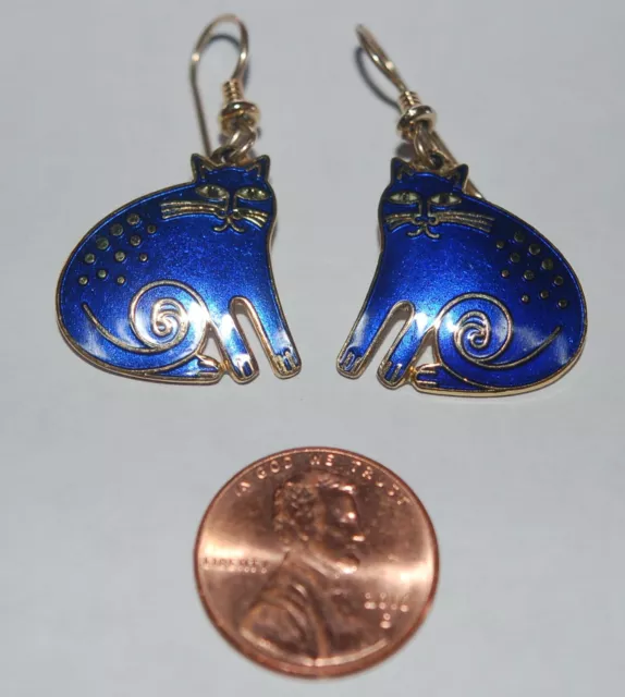 Vintage Laurel Burch Earrings KESHIRE CAT  - Gold Tone Blue Enamel