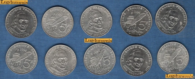 Lot de 10 Pièces de 5 Francs 1994 Commémoration du Tri centenaire de Voltaire 19