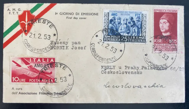 1953 Trieste Italy First Day Cover to Prague Czechoslovakia AMG Mixed Franking