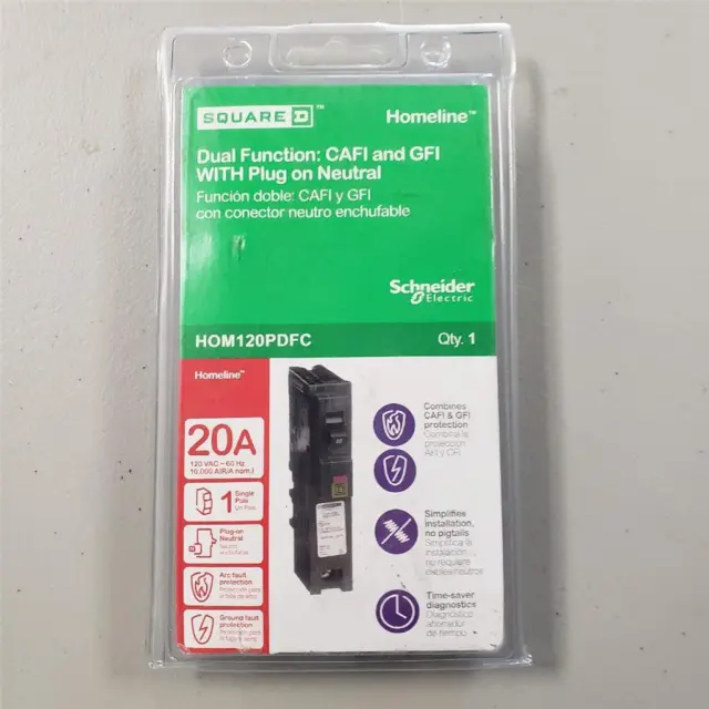 = Square D Dual Function CAFI GFI With Plug On Neutral HOM120PDFC 20A 22352