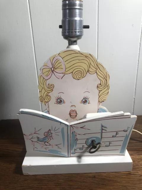 Vintage Wood GIRL w/Songbook Nursery Lamp w/Music Box  Lullaby  Pink/Blue