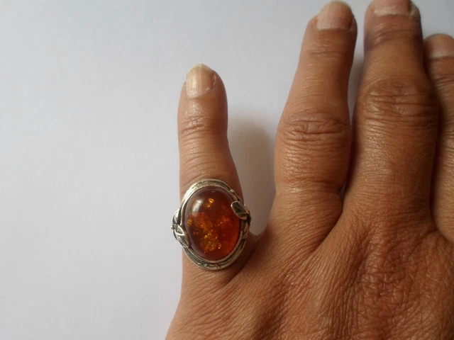Bague En Argent Massif Avec Cabochon Orange - Taille 57, Occasion, Sans Marque, Pièce Unique
