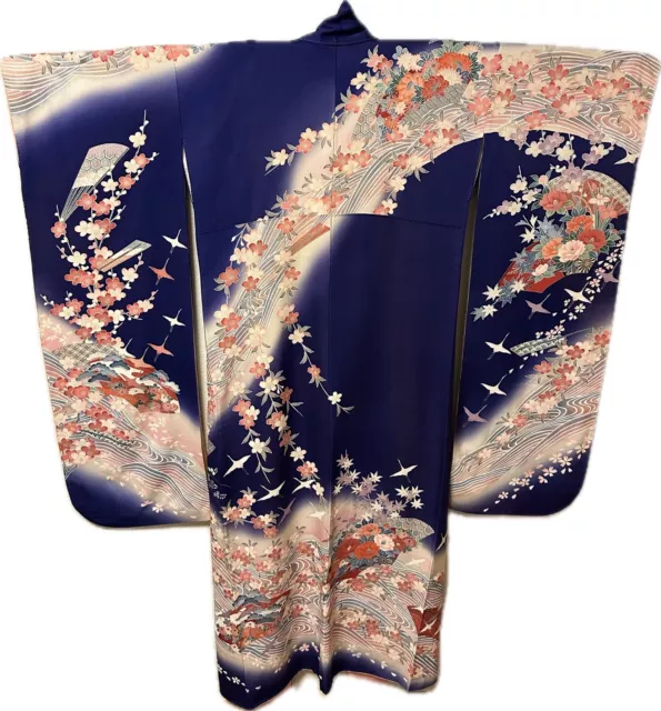 Vintage Blue Furisode, 100% Japanese Silk, Handmade, Sakura Flowers & Cranes