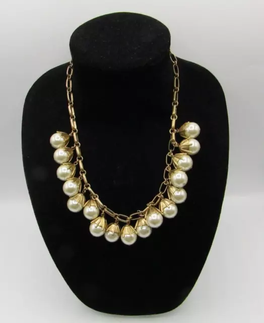 J. Crew Heavy Hanging White Glass Faux Pearl  Matte Gold Tone Necklace