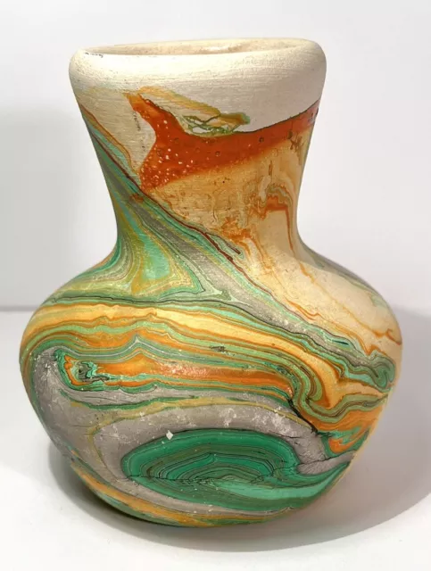 Vintage Nemadji Pottery Colorful Swirl 3.5" Inch Vase ~ Green Orange