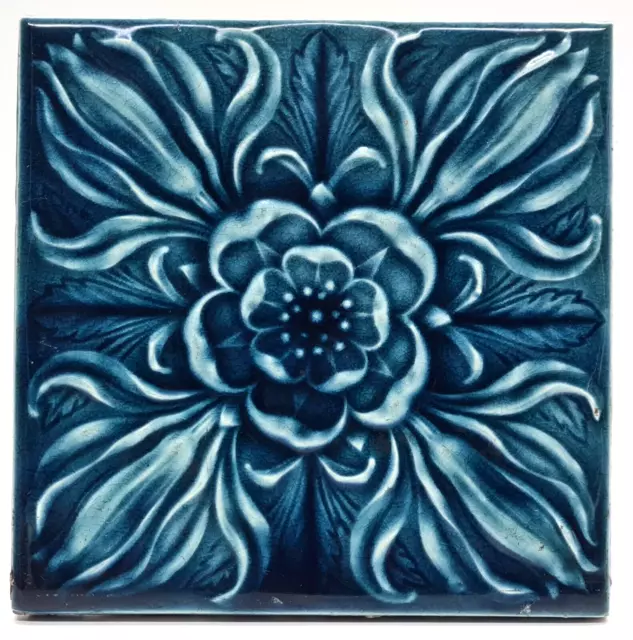 Antique Fireplace Tile Blue Moulded Majolica Tudor Rose Design Pilkington C1900