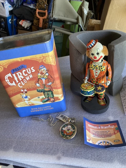 VINTAGE FOSSIL CIRCUS Clown Pocket Watch & Tin Toy Ltd VINTAGE FOSSIL CIRCUS Clown Pocket Watch & Tin Toy Ltd