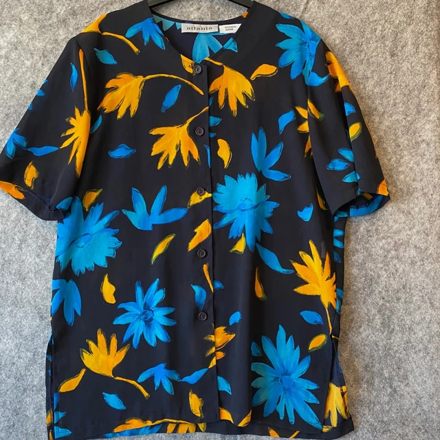 Camicia camicetta vintage Atlanta taglia 44 (UK 16) blu navy giallo floreale anni '70 80