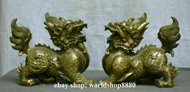 8" Old China Bronze Folk Feng Shui Kylin Qilin Beast Unicorn Wealth Statue Pair