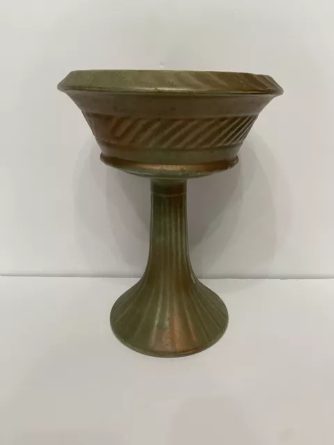 Vintage Haeger Pottery Planter Ribbed Tall Pedestal Olive Green