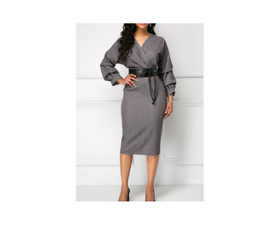Women's Striped Back Slit V Neck Sheath Dress Grey Size XL NEW
