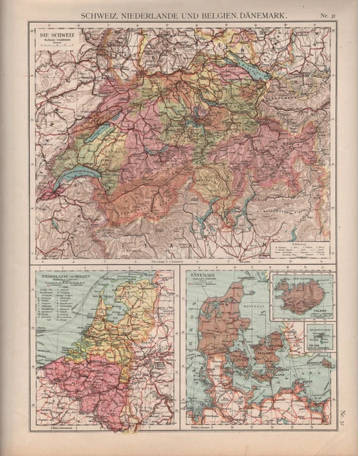 Landkarte map 1905: Schweiz. Niederlande. Belgien. Dänemark.