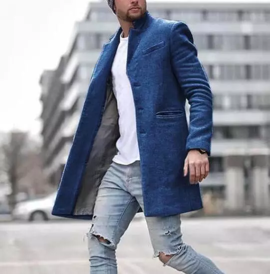 Men Wool Blend Winter Trench Coat Long Sleeve Button Jacket Outwear Overcoat Hot