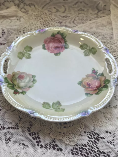 9 1/2 Inch Antique Koenigszelt Silesia German decorative Cake Plate roses handle