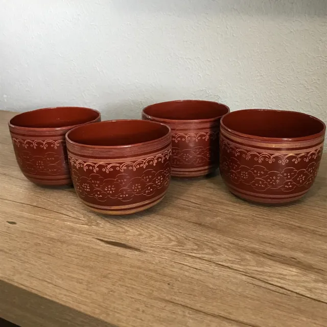 Vintage Burmese Red LacquerWare Cups Finger Bowls Asian Decor Set of 4