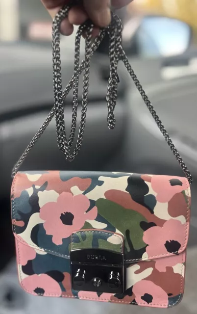 Auth. Furla Metropolis Women's Chain Shoulder Bag Pink Floral Camo Cross Body