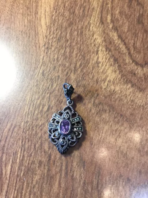 Sterling Silver Vintage Pendant With Amethyst & Marcasite Stones