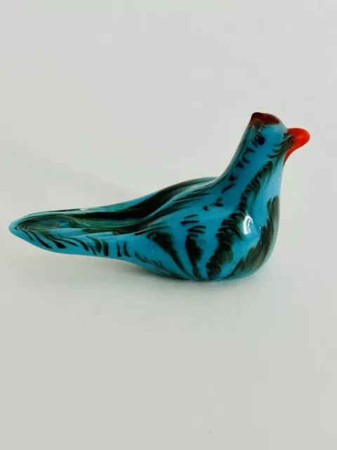Hand blown Art Glass Bird Figurine Turquoise Blue w Black Pulled Feathers