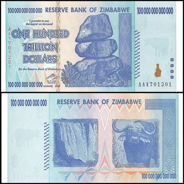 Zimbabwe 100 Trillion Dollars AA+ 2008 Banknote UNC Uncirculated P-91